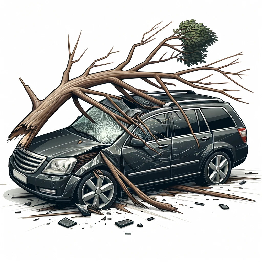 An illustration of a car with a tree falling on it.